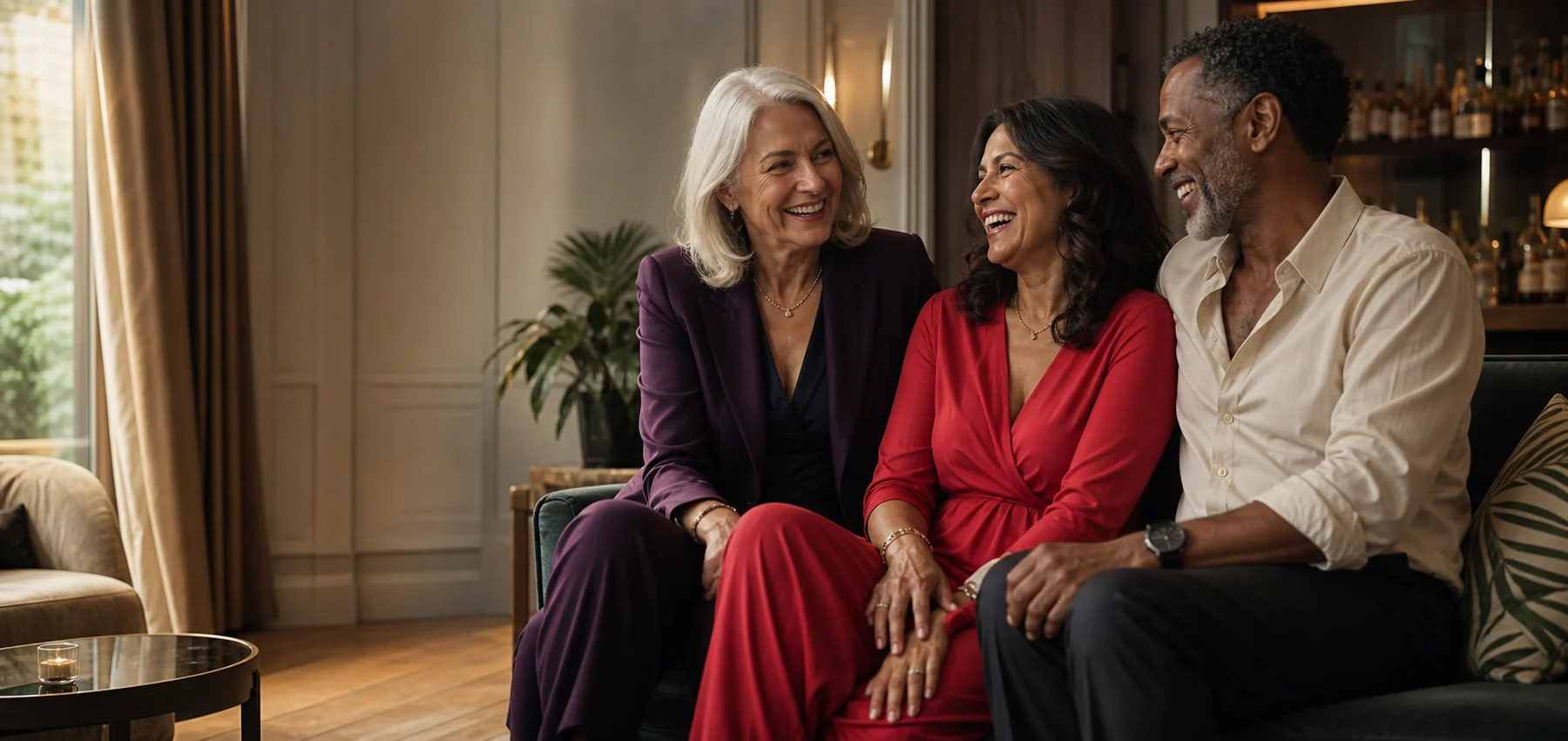 Three stylish Older Fans creators, all over 40, laughing together